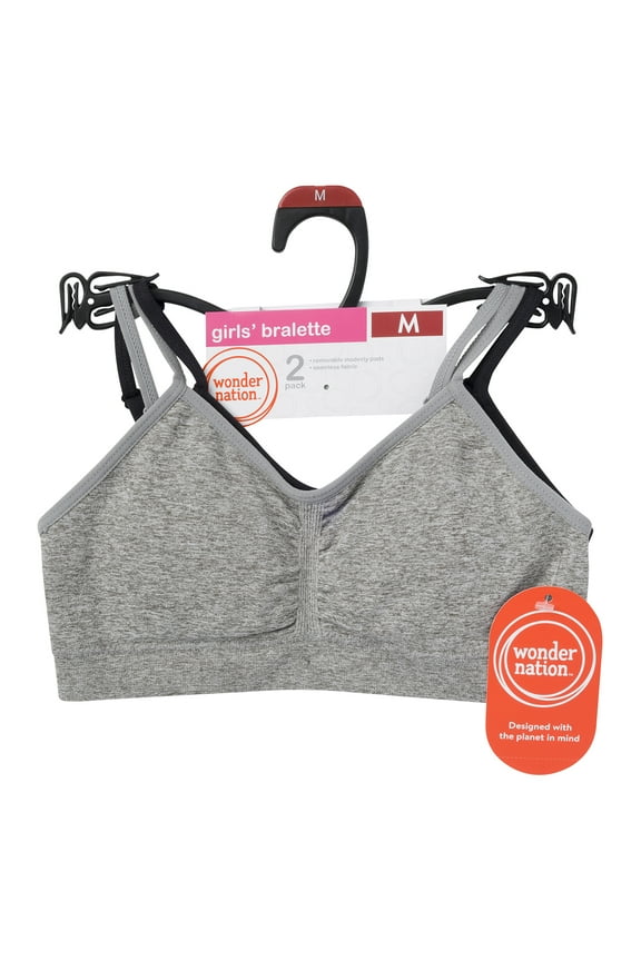 Girls' Seamless Ruched Recycled Bra, 2-Pack, Sizes XS-2XL