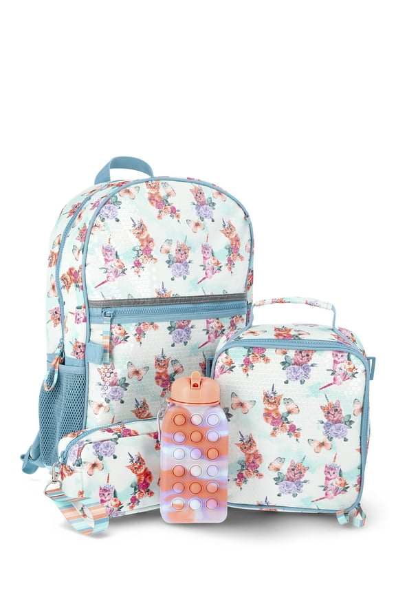 Girls Sequin Caticorn Dreams 17" Laptop Backpack and Lunch Bag Set, 4-Piece, Blue