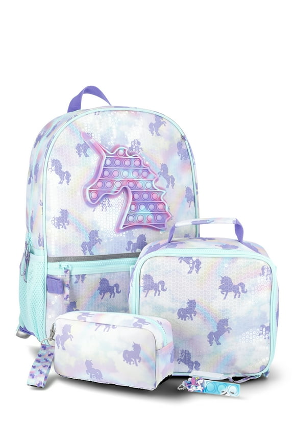 Girls Sequin Dazzling Rainbows 17" Laptop Backpack and Lunch Bag Set, 4-Piece, Blue/Multi