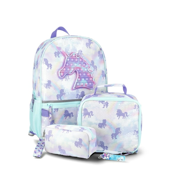 Wonder Nation Girls Sequin Dazzling Rainbows 17" Laptop Backpack and Lunch Bag Set, 4-Piece, Blue/Multi