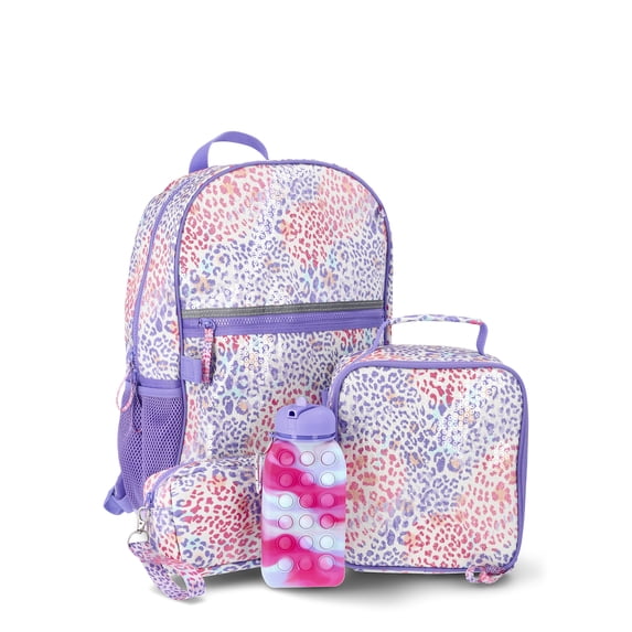 Wonder Nation Girls Sequin Hyper Leopard 17" Laptop Backpack and Lunch Bag Set, 4-Piece, Purple/Multi