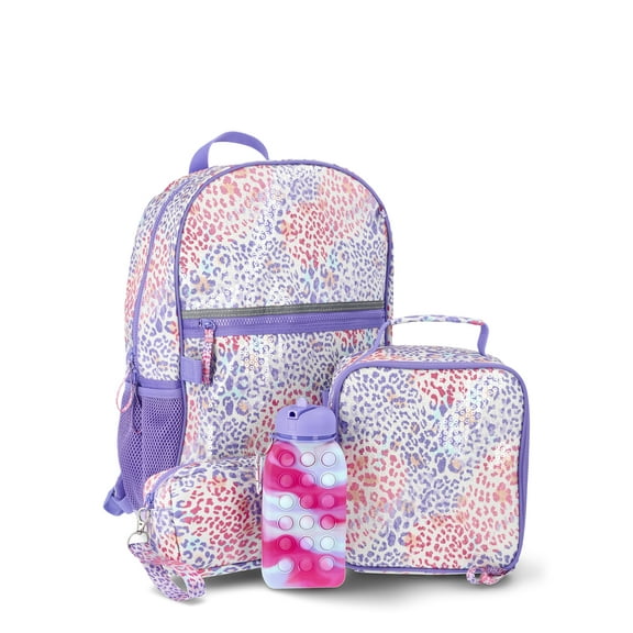 Wonder Nation Girls Sequin Hyper Leopard 17" Laptop Backpack and Lunch Bag Set, 4-Piece, Purple/Multi