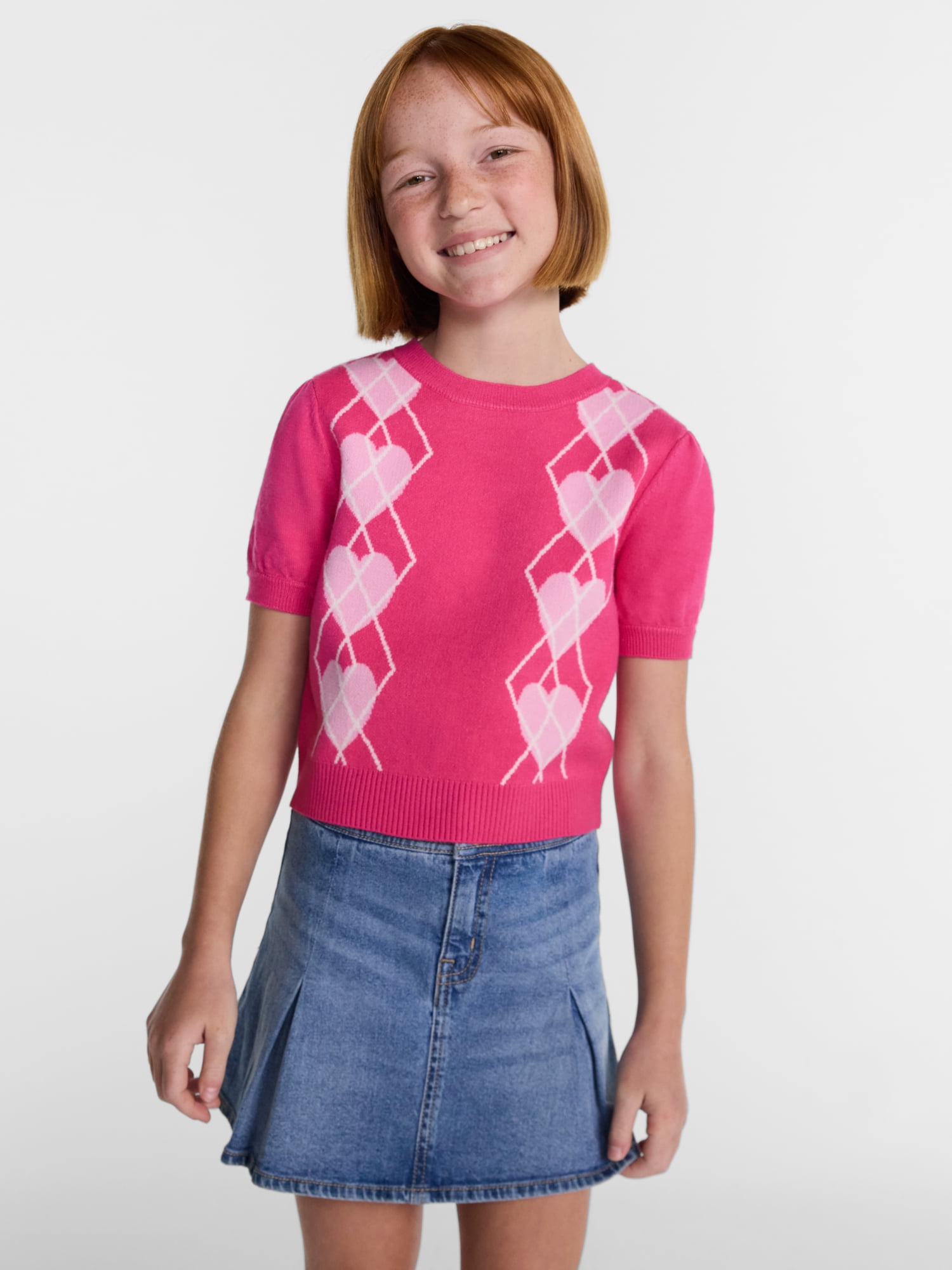 Wonder Nation Girls Argyle Sweater with Short Puff Sleeves, Sizes 4-18