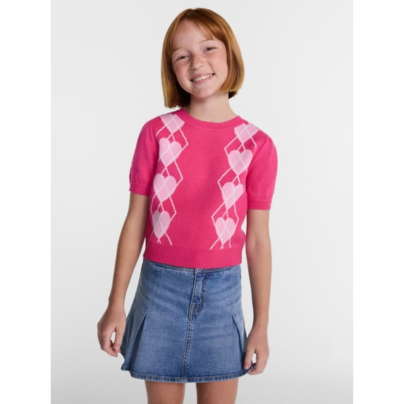 Wonder Nation Girls Argyle Sweater with Short Puff Sleeves, Sizes 4-18