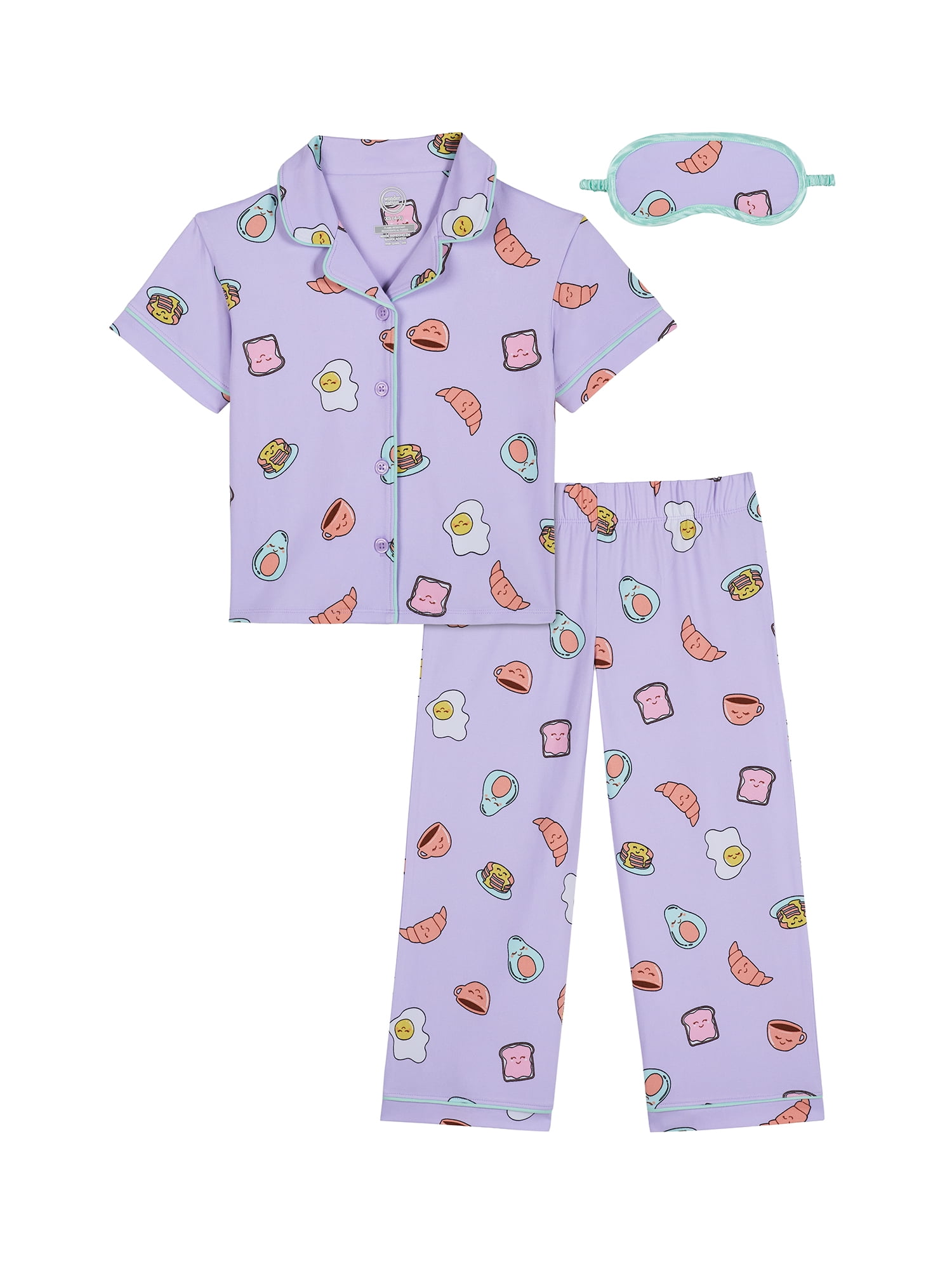 Wonder Nation Girls Short Sleeve Button Front Pajama Top and Pants Set with Eyemask, 3-Piece, Sizes 4-18