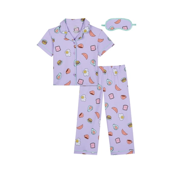 Wonder Nation Girls Short Sleeve Button Front Pajama Top and Pants Set with Eyemask, 3-Piece, Sizes 4-18