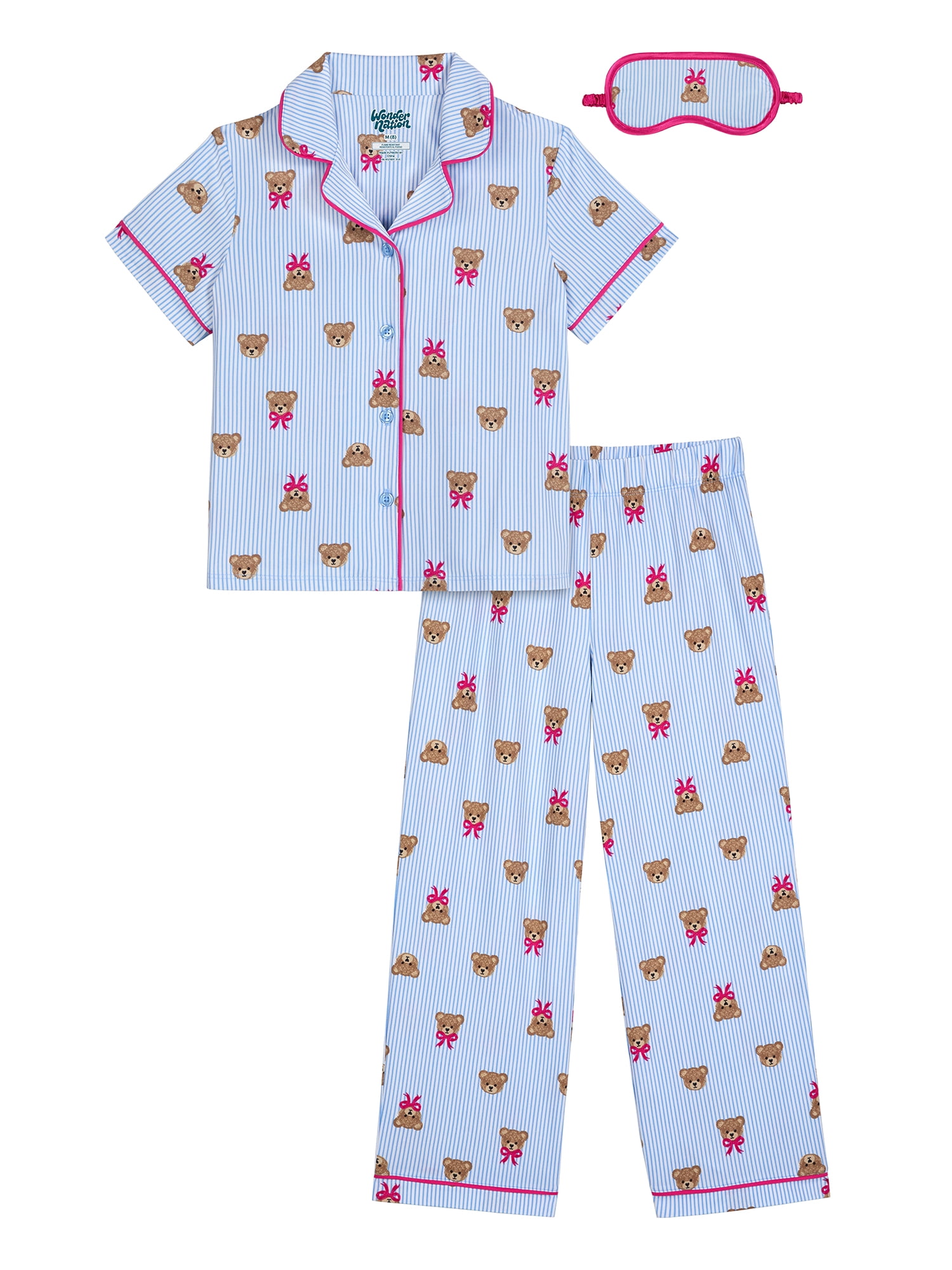 Wonder Nation Girls Short Sleeve Button Front Pajama Top and Pants Set with Eyemask, 3-Piece, Sizes 4-18