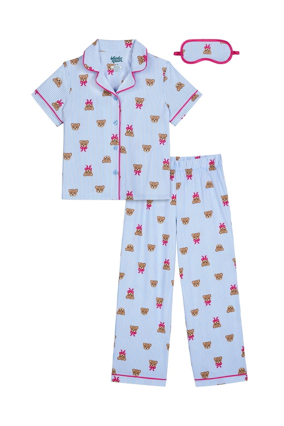 Girls Short Sleeve Button Front Pajama Top and Pants Set with Eyemask, 3-Piece, Sizes 4-18