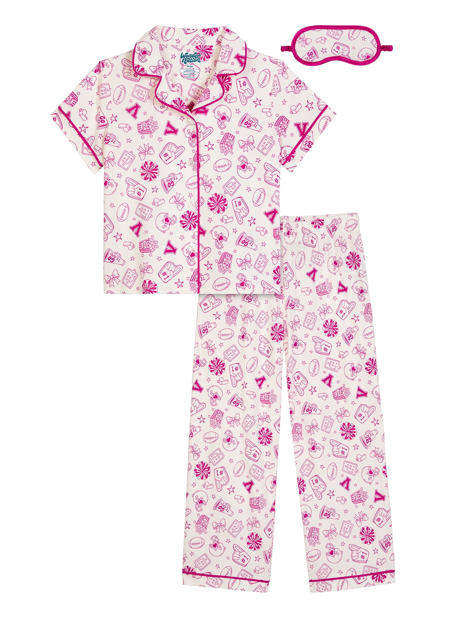 Wonder Nation Girls Short Sleeve Button Front Pajama Top and Pants Set with Eyemask, 3-Piece, Sizes 4-18