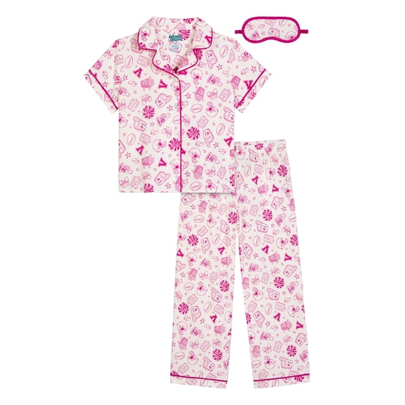 Wonder Nation Girls Short Sleeve Button Front Pajama Top and Pants Set with Eyemask, 3-Piece, Sizes 4-18