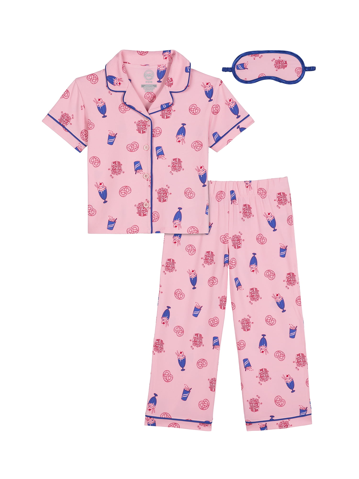 Wonder Nation Girls Short Sleeve Button Front Pajama Top and Pants Set with Eyemask, 3-Piece, Sizes 4-18