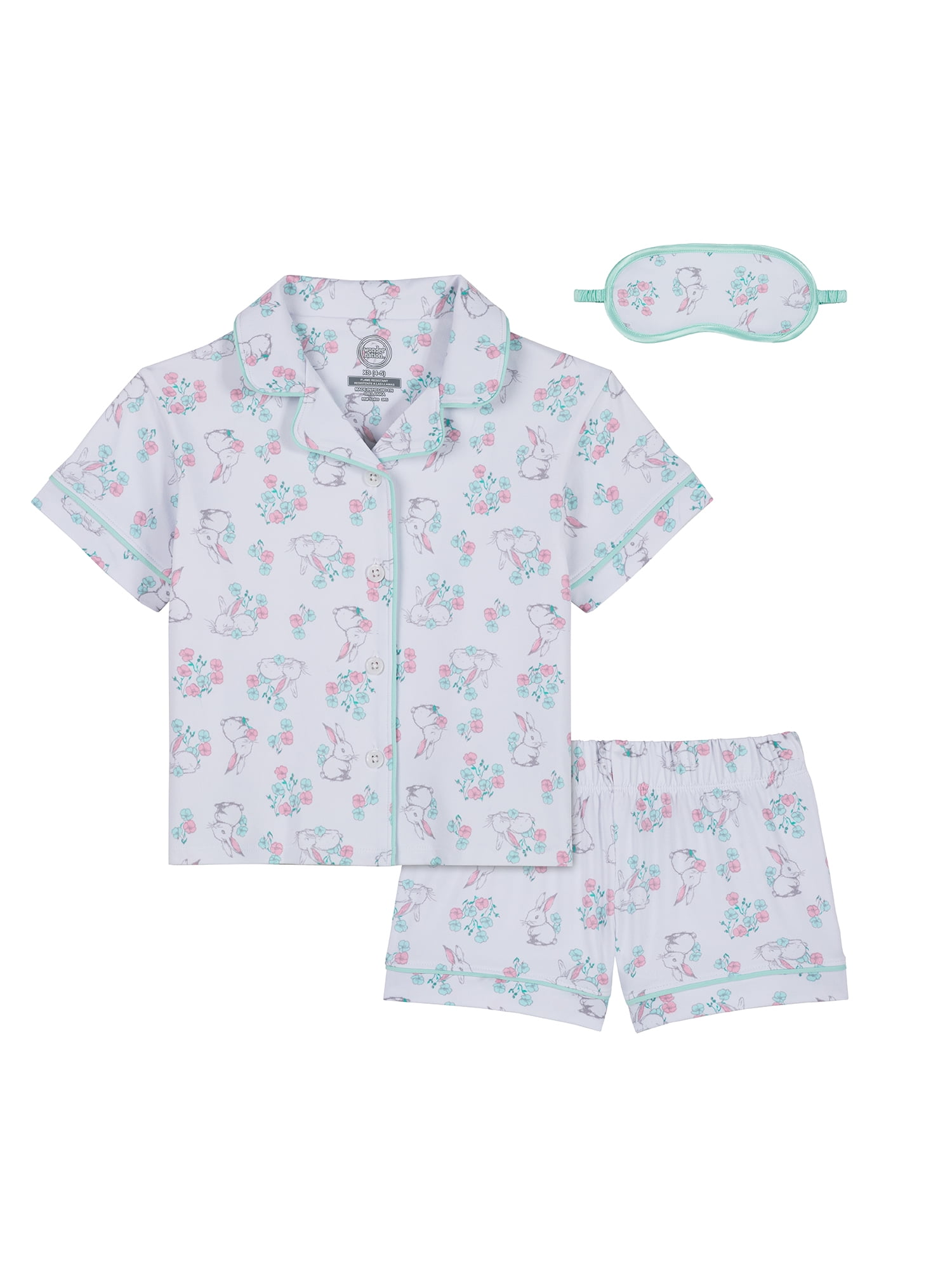 Wonder Nation Girls Short Sleeve Button Front Pajama Top and Shorts Set with Eyemask, 3-Piece, Sizes Sizes 4-18