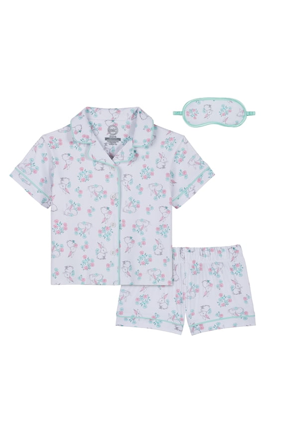 Girls Short Sleeve Button Front Pajama Top and Shorts Set with Eyemask, 3-Piece, Sizes Sizes 4-18
