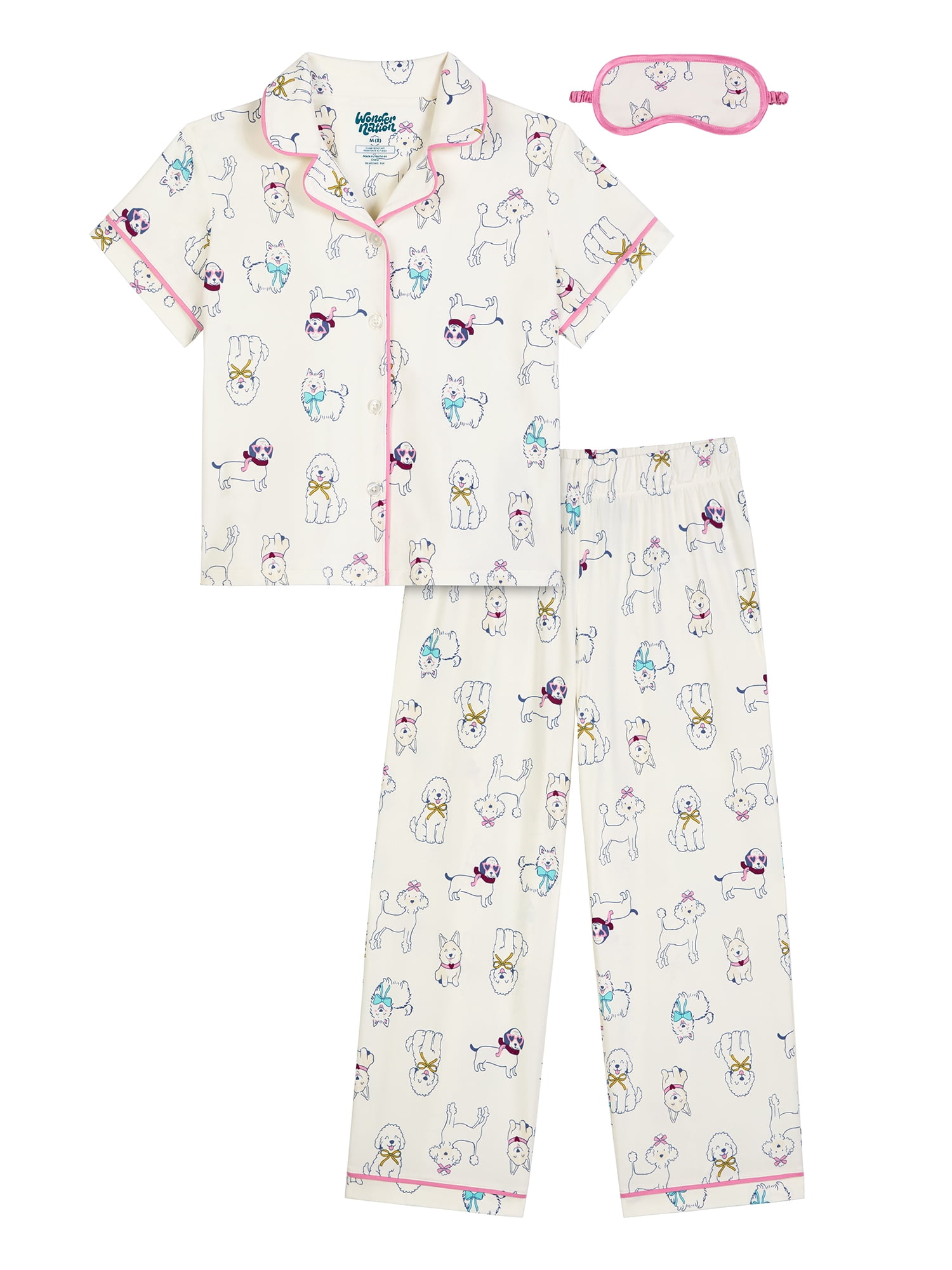 Wonder Nation Girls Short Sleeve Button Front Pajama Top and Pants Set with Eyemask, 3-Piece, Sizes 4-18