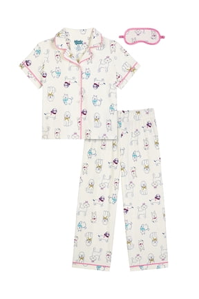 Girls Short Sleeve Button Front Pajama Top and Pants Set with Eyemask, 3-Piece, Sizes 4-18