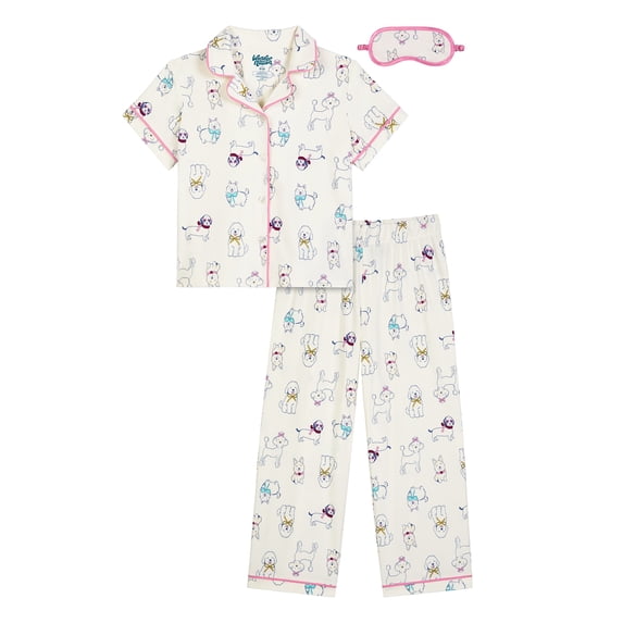 Wonder Nation Girls Short Sleeve Button Front Pajama Top and Pants Set with Eyemask, 3-Piece, Sizes 4-18