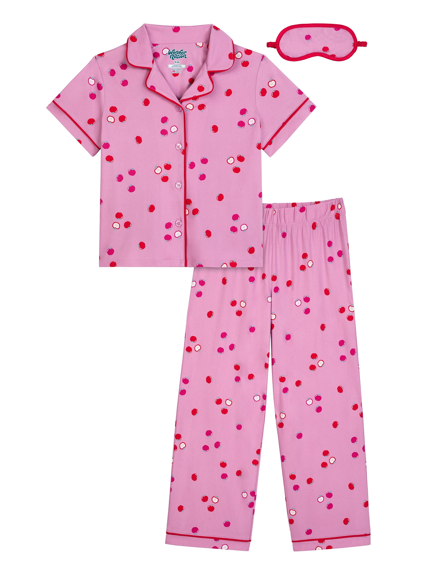 Wonder Nation Girls Short Sleeve Button Front Pajama Top and Pants Set with Eyemask, 3-Piece, Sizes 4-18