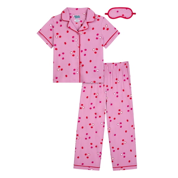 Wonder Nation Girls Short Sleeve Button Front Pajama Top and Pants Set with Eyemask, 3-Piece, Sizes 4-18