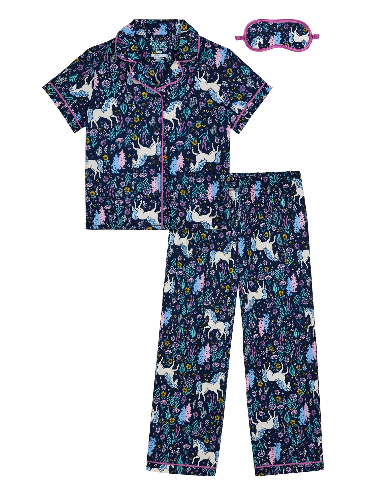 Wonder Nation Girls Short Sleeve Button Front Pajama Top and Pants Set with Eyemask, 3-Piece, Sizes 4-18