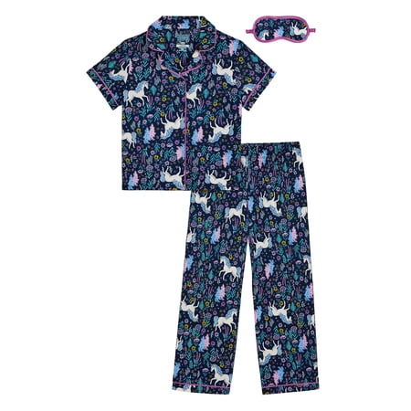 Wonder Nation Girls Short Sleeve Button Front Pajama Top and Pants Set with Eyemask, 3-Piece, Sizes 4-18