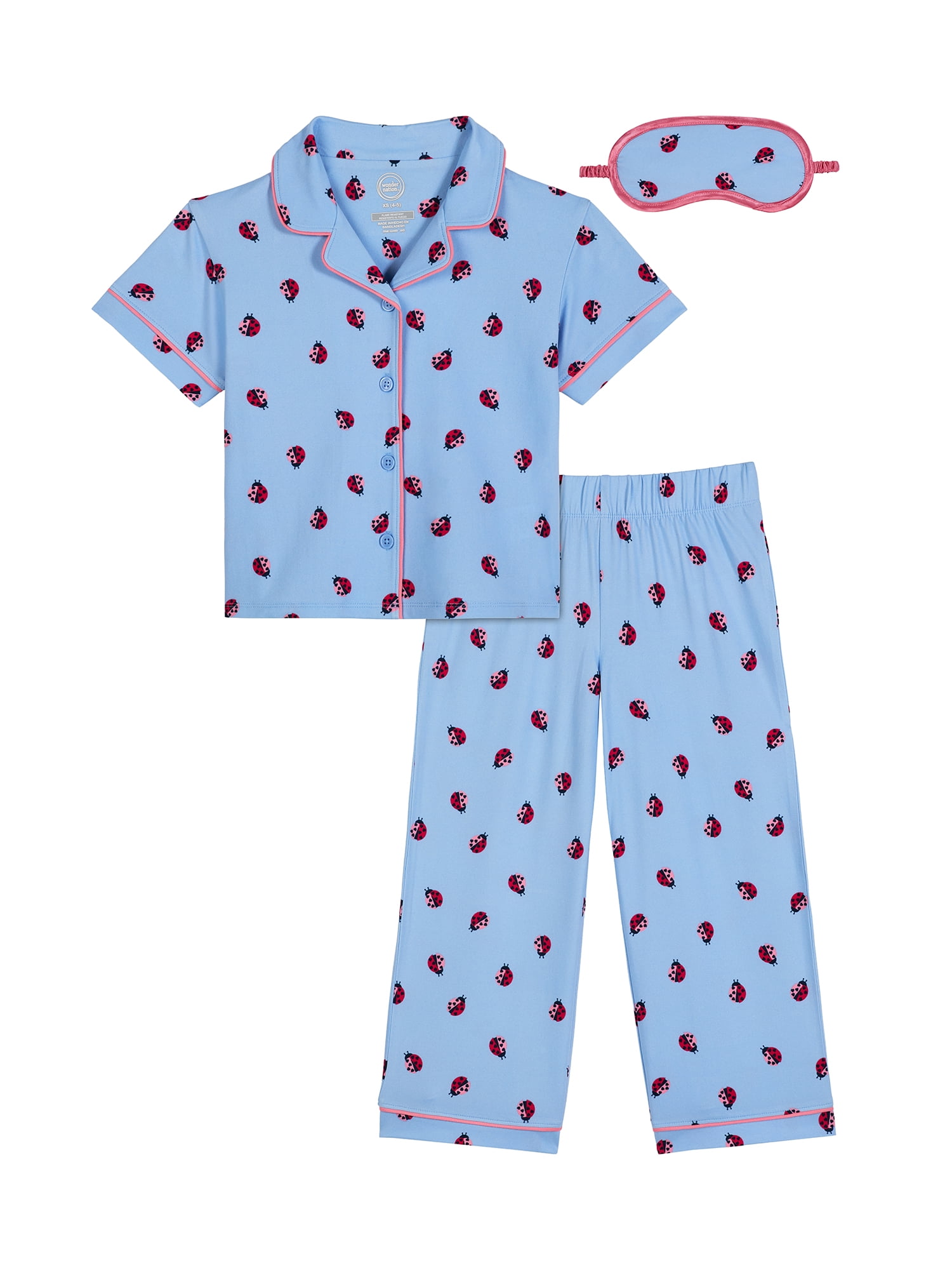 Wonder Nation Girls Short Sleeve Button Front Pajama Top and Pants Set with Eyemask, 3-Piece, Sizes 4-18