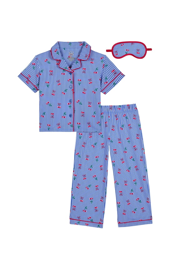 Girls Short Sleeve Button Front Pajama Top and Pants Set with Eyemask, 3-Piece, Sizes 4-18