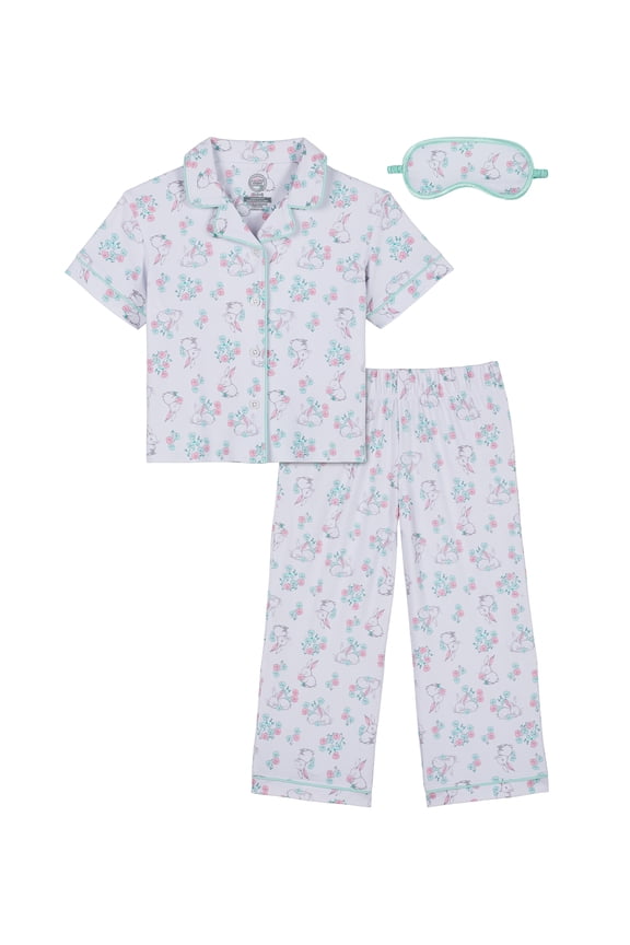 Girls Short Sleeve Button Front Pajama Top and Pants Set with Eyemask, 3-Piece, Sizes 4-18