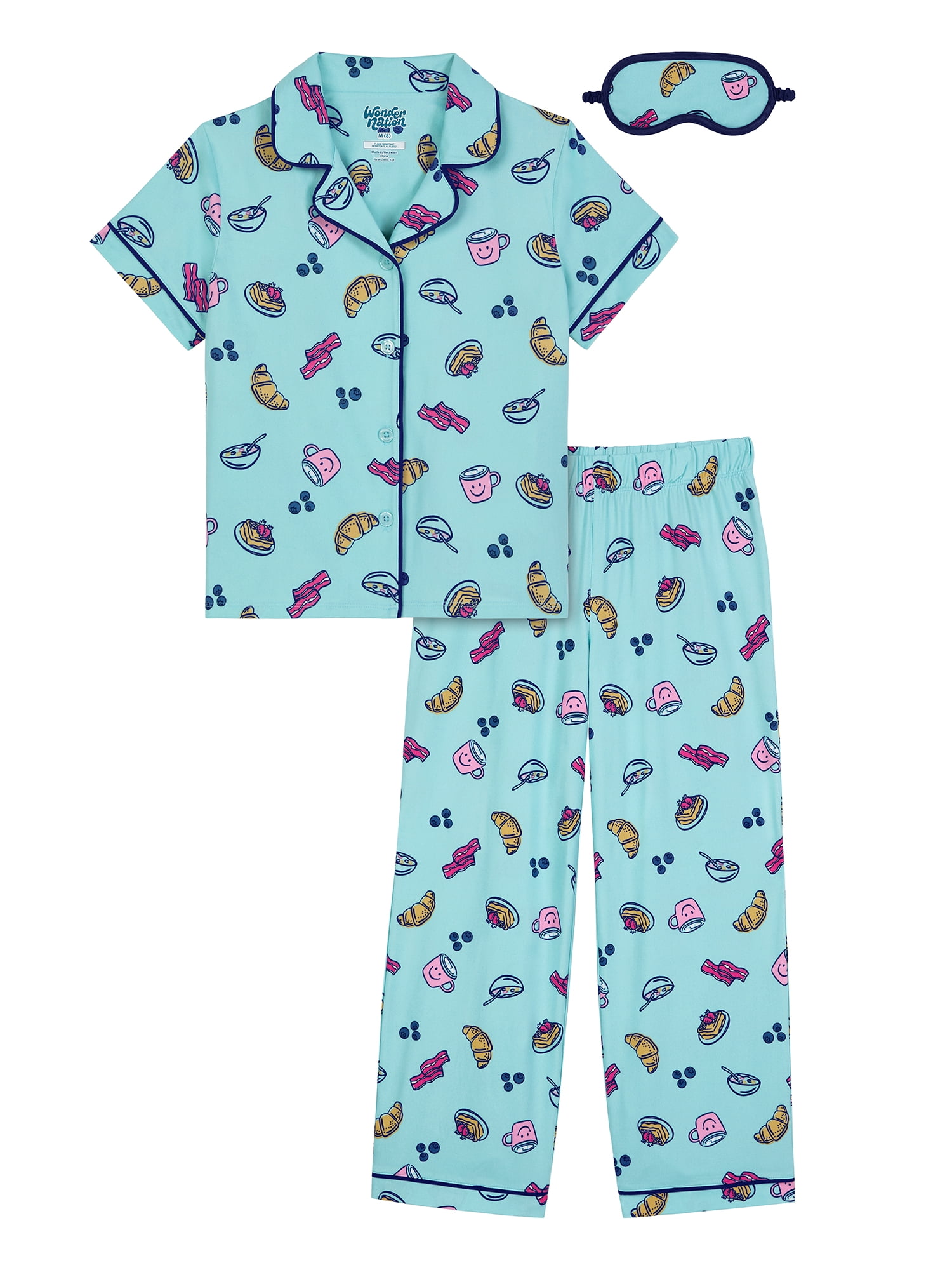 Wonder Nation Girls Short Sleeve Button Front Pajama Top and Pants Set with Eyemask, 3-Piece, Sizes 4-18