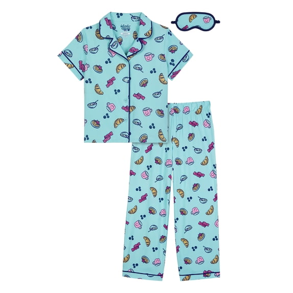 Wonder Nation Girls Short Sleeve Button Front Pajama Top and Pants Set with Eyemask, 3-Piece, Sizes 4-18