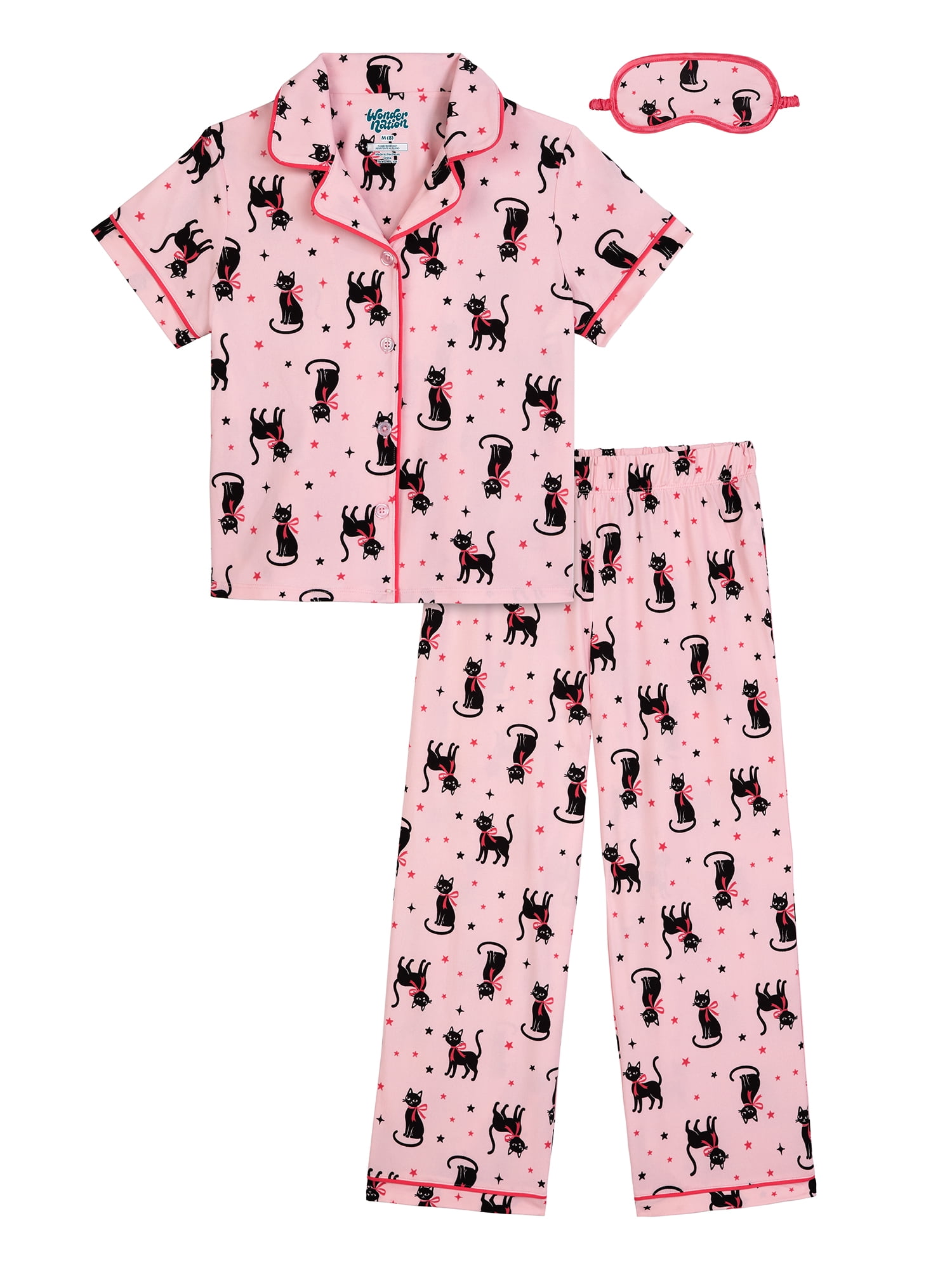 Wonder Nation Girls Short Sleeve Button Front Pajama Top and Pants Set with Eyemask, 3-Piece, Sizes 4-18