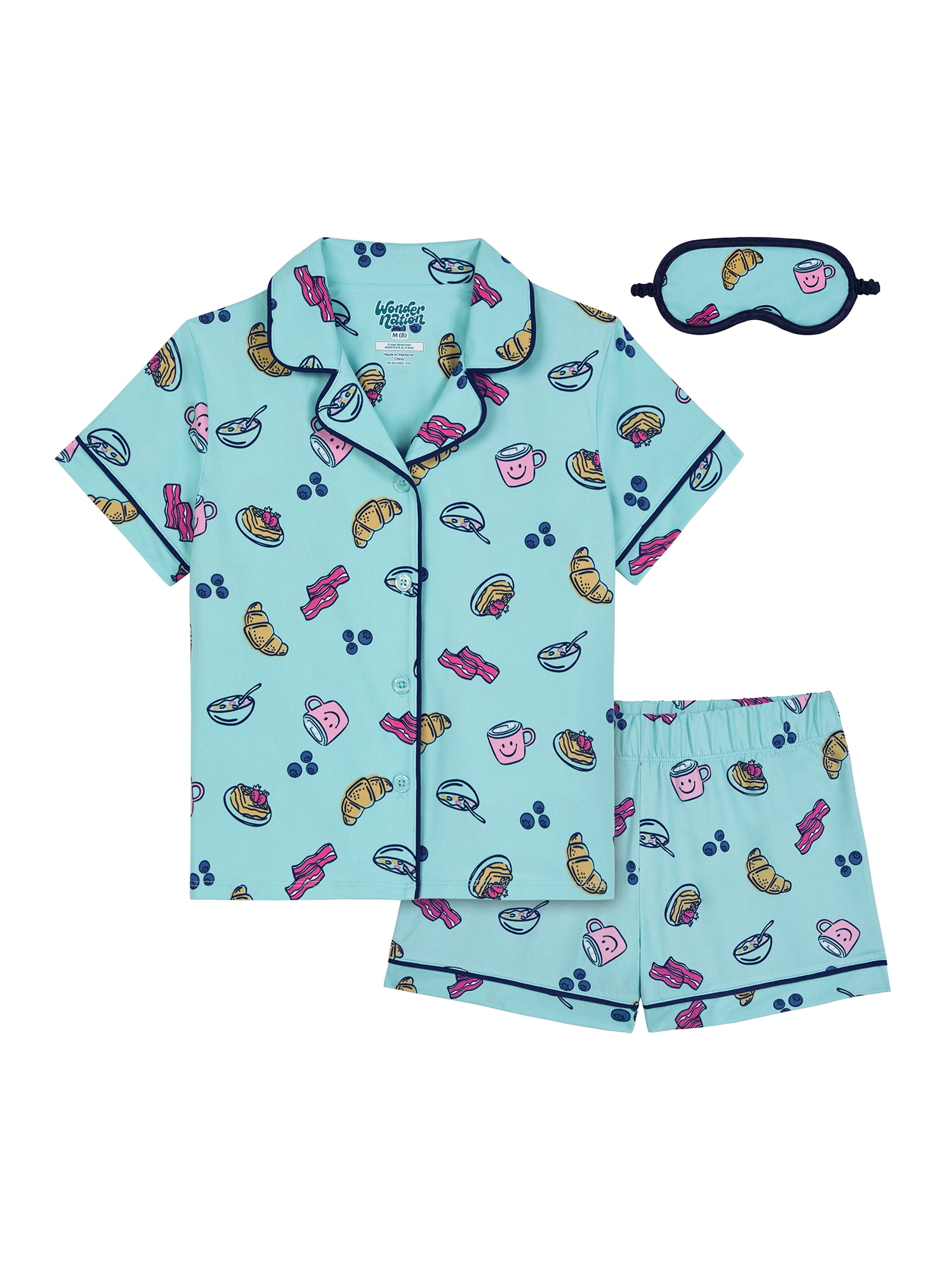 Wonder Nation Girls Short Sleeve Button Front Pajama Top and Shorts Set with Eyemask, 3-Piece, Sizes 4-18