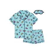 Wonder Nation Girls Short Sleeve Button Front Pajama Top and Shorts Set with Eyemask, 3-Piece, Sizes 4-18