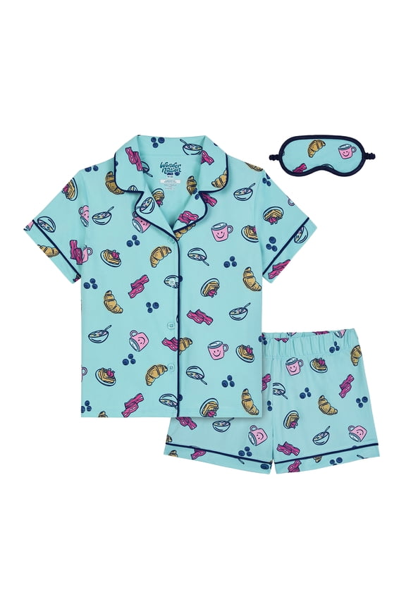 Girls Short Sleeve Button Front Pajama Top and Shorts Set with Eyemask, 3-Piece, Sizes 4-18