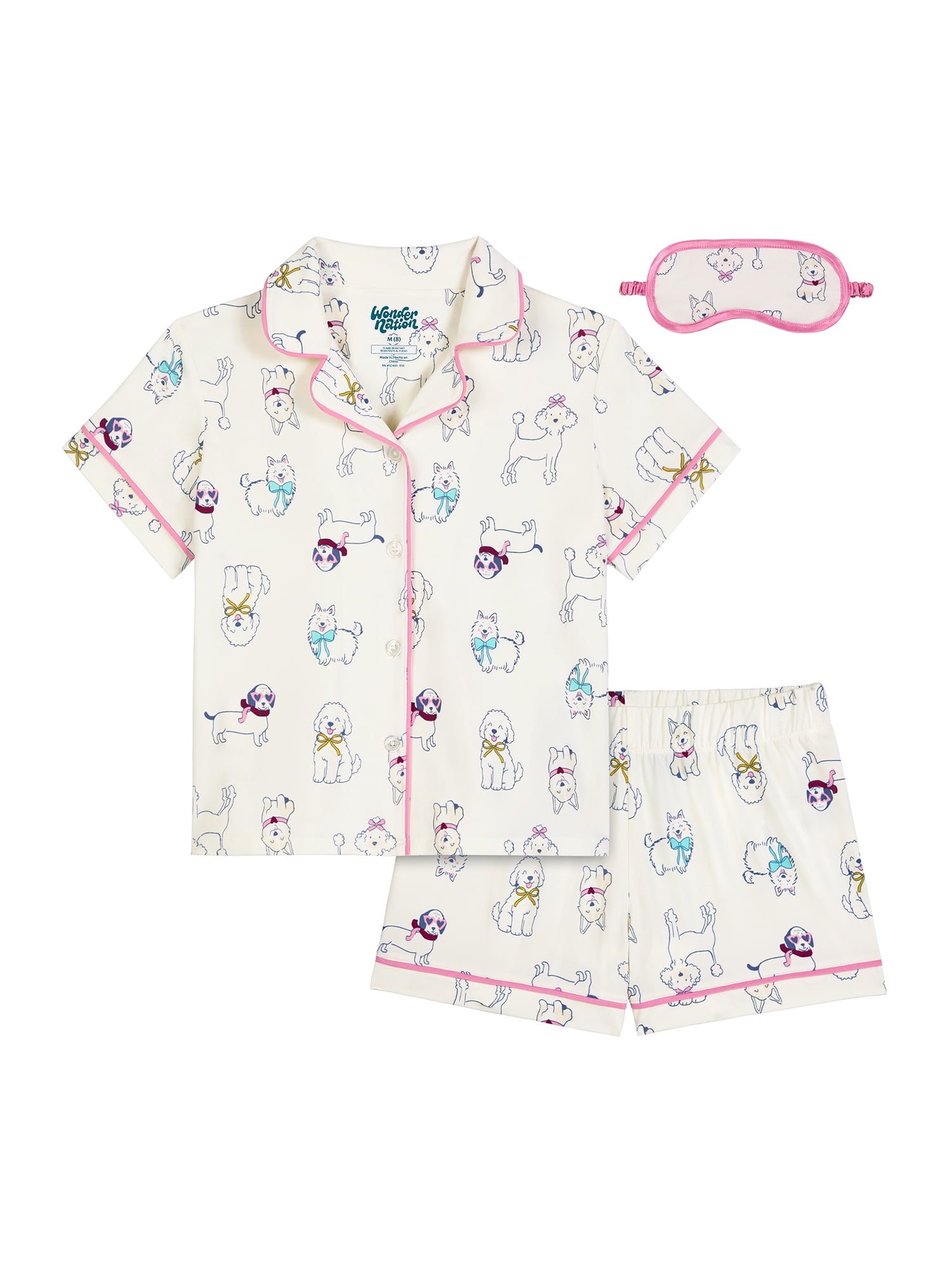 Wonder Nation Girls Short Sleeve Button Front Pajama Top and Shorts Set with Eyemask, 3-Piece, Sizes 4-18