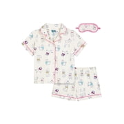 Wonder Nation Girls Short Sleeve Button Front Pajama Top and Shorts Set with Eyemask, 3-Piece, Sizes 4-18