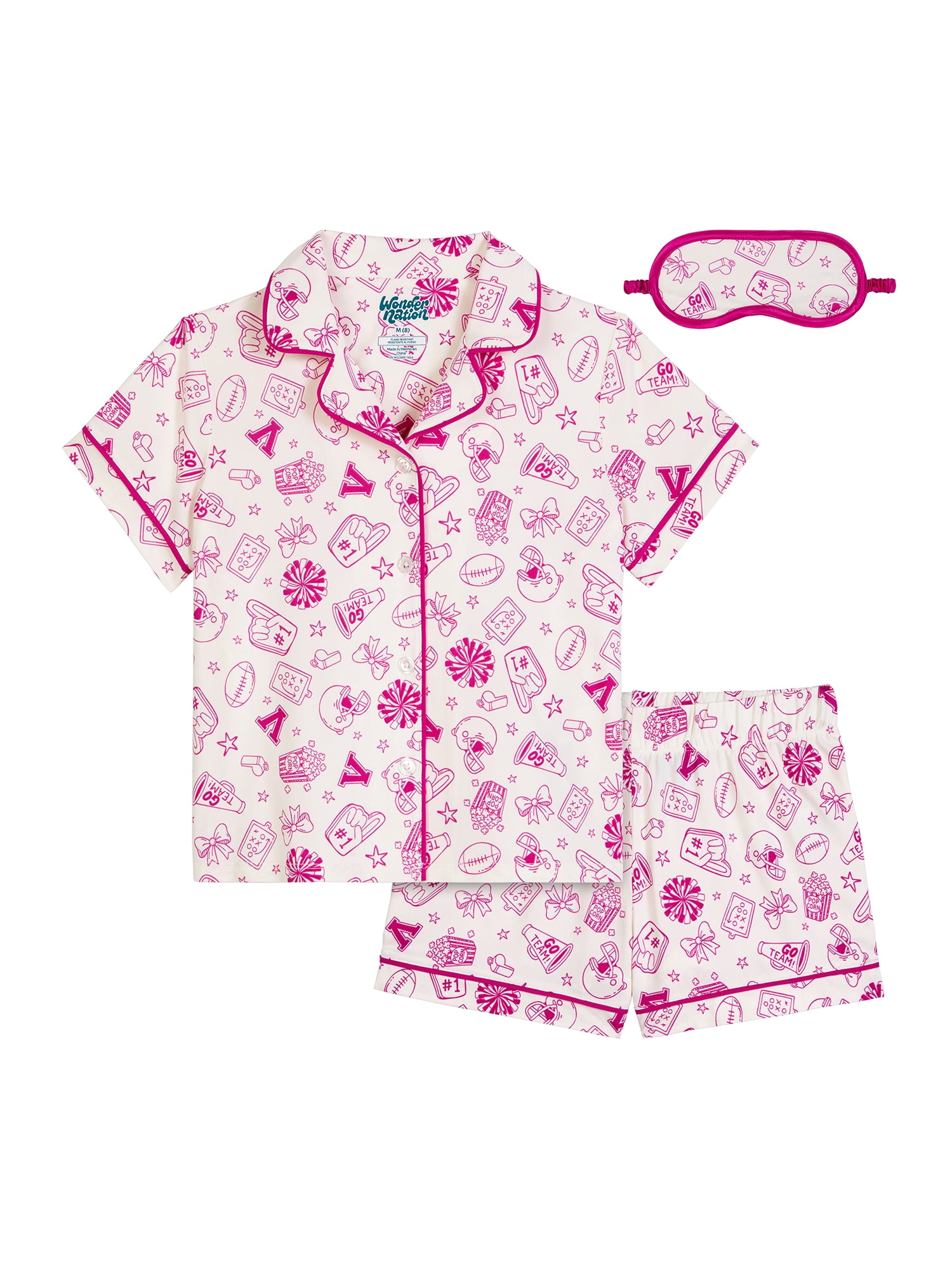Wonder Nation Girls Short Sleeve Button Front Pajama Top and Shorts Set with Eyemask, 3-Piece, Sizes 4-18
