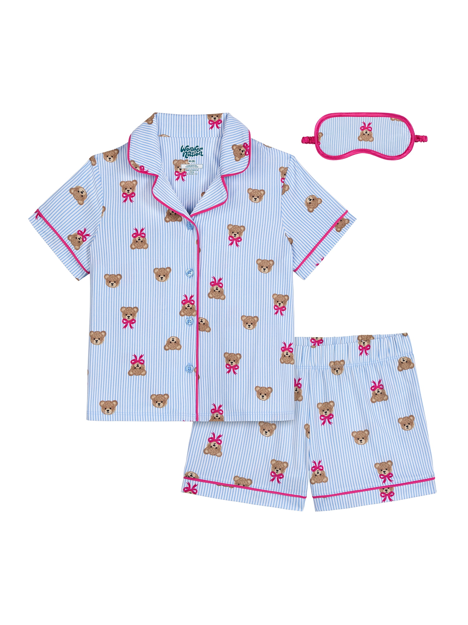 Wonder Nation Girls Short Sleeve Button Front Pajama Top and Shorts Set with Eyemask, 3-Piece, Sizes 4-18