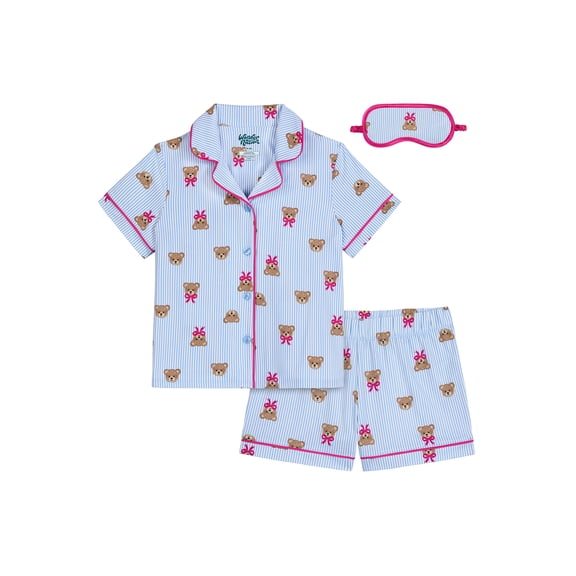 Wonder Nation Girls Short Sleeve Button Front Pajama Top and Shorts Set with Eyemask, 3-Piece, Sizes 4-18