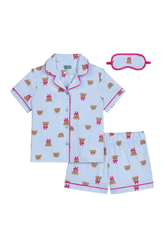 Girls Short Sleeve Button Front Pajama Top and Shorts Set with Eyemask, 3-Piece, Sizes 4-18