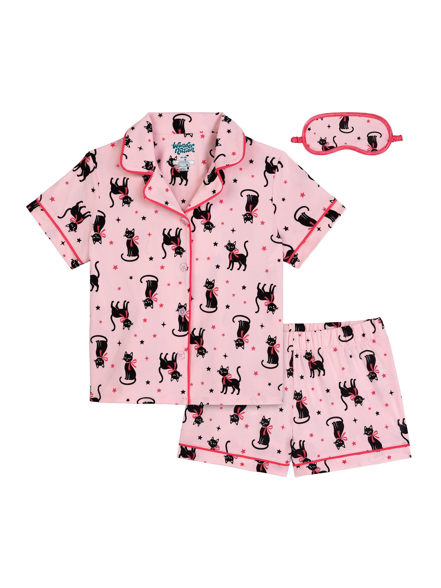 Wonder Nation Girls Short Sleeve Button Front Pajama Top and Shorts Set with Eyemask, 3-Piece, Sizes 4-18