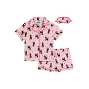 Wonder Nation Girls Short Sleeve Button Front Pajama Top and Shorts Set with Eyemask, 3-Piece, Sizes 4-18