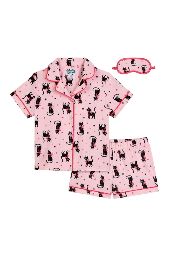 Girls Short Sleeve Button Front Pajama Top and Shorts Set with Eyemask, 3-Piece, Sizes 4-18