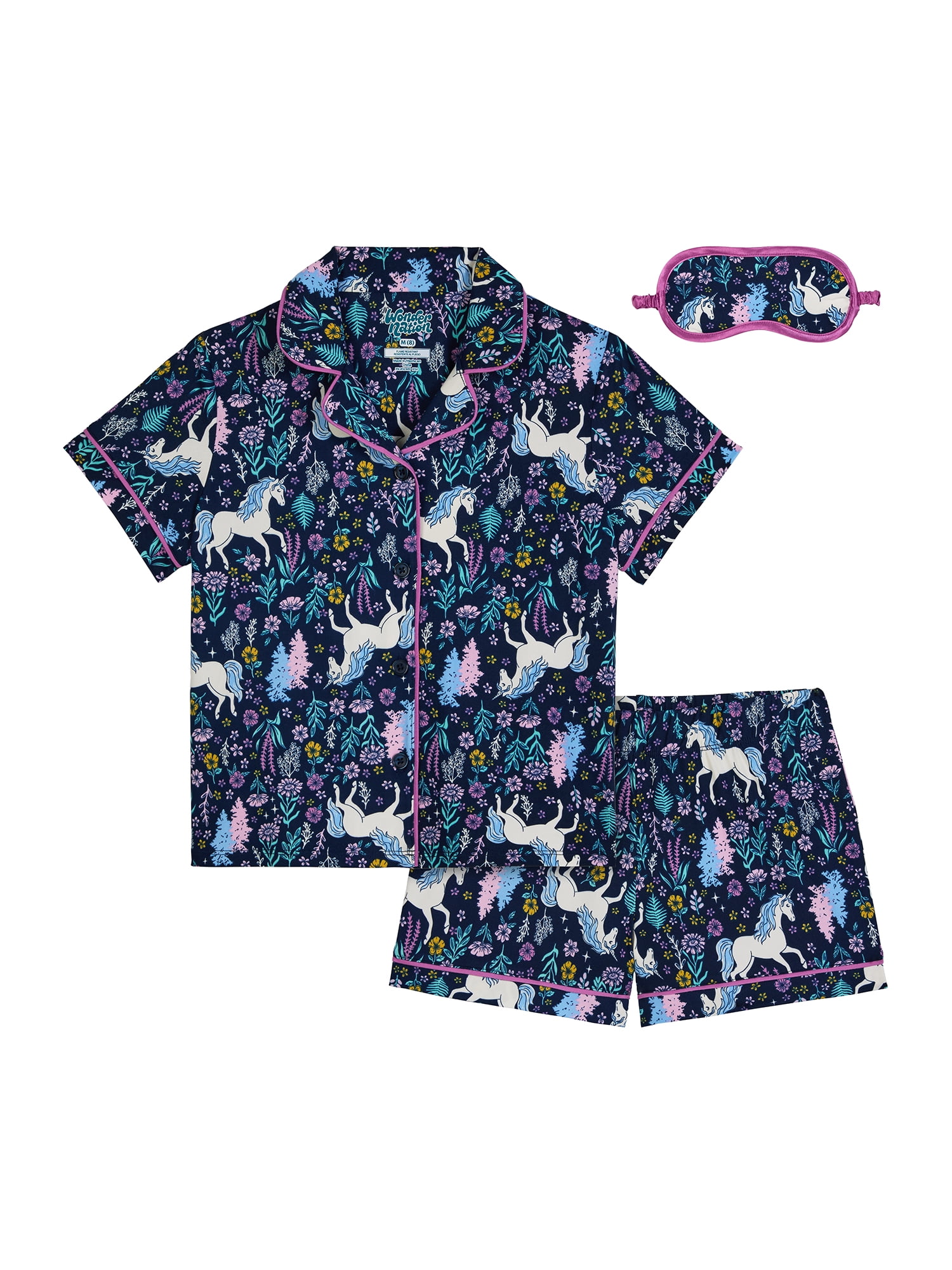 Wonder Nation Girls Short Sleeve Button Front Pajama Top and Shorts Set with Eyemask, 3-Piece, Sizes 4-18