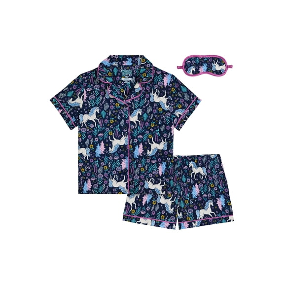 Wonder Nation Girls Short Sleeve Button Front Pajama Top and Shorts Set with Eyemask, 3-Piece, Sizes 4-18