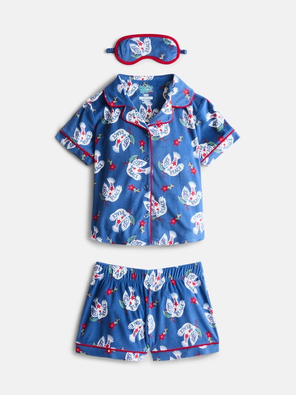 Girls Short Sleeve Button Front Pajama Top and Shorts Set with Eyemask, 3-Piece, Sizes Sizes 4-18