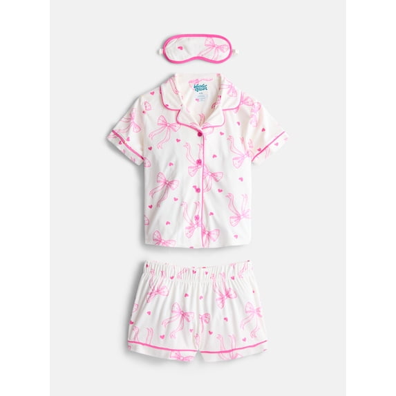 Wonder Nation Girls Short Sleeve Button Front Pajama Top and Shorts Set with Eyemask, 3-Piece, Sizes Sizes 4-18