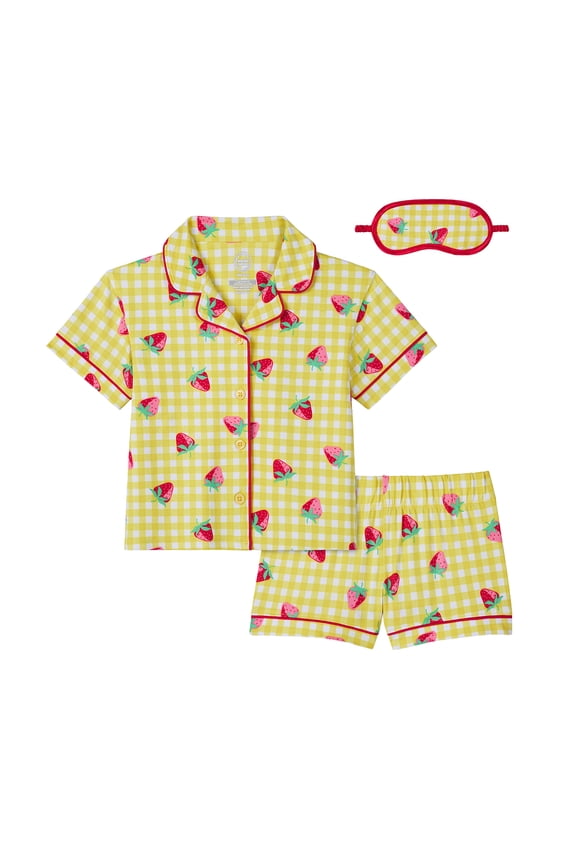Girls Short Sleeve Button Front Pajama Top and Shorts Set with Eyemask, 3-Piece, Sizes Sizes 4-18