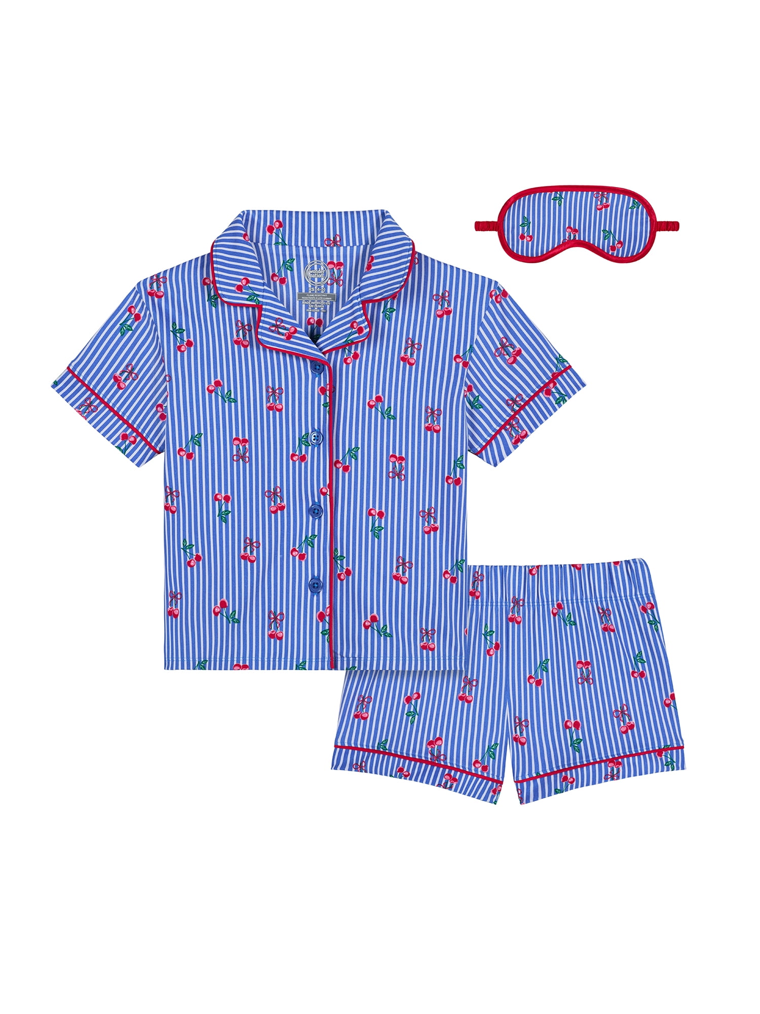 Wonder Nation Girls Short Sleeve Button Front Pajama Top and Shorts Set with Eyemask, 3-Piece, Sizes Sizes 4-18