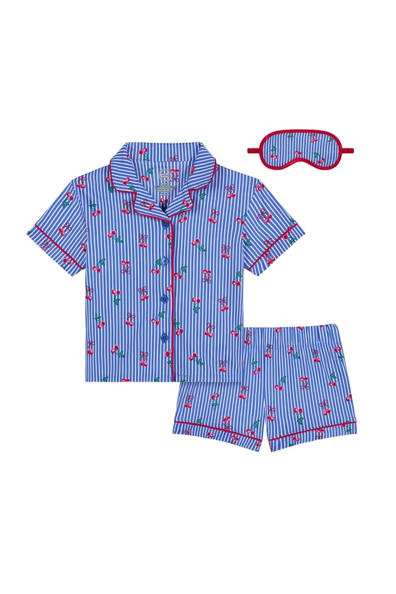 Girls Short Sleeve Button Front Pajama Top and Shorts Set with Eyemask, 3-Piece, Sizes Sizes 4-18