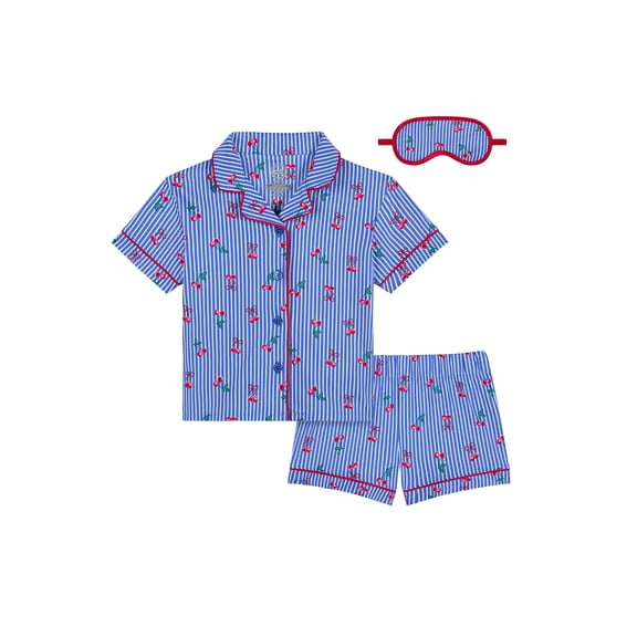 Wonder Nation Girls Short Sleeve Button Front Pajama Top and Shorts Set with Eyemask, 3-Piece, Sizes Sizes 4-18